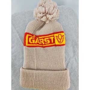 VTG Garst Tan Red & Yellow Knit‎ Stocking Beanie Cap Hat Adult With Pom